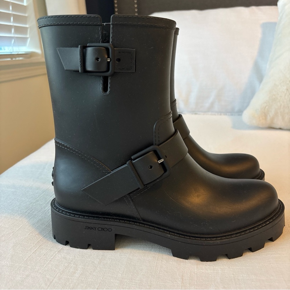 Jimmy Choo Matte Black Yael Moto Buckle Rain Boots size 37 MSRP $650